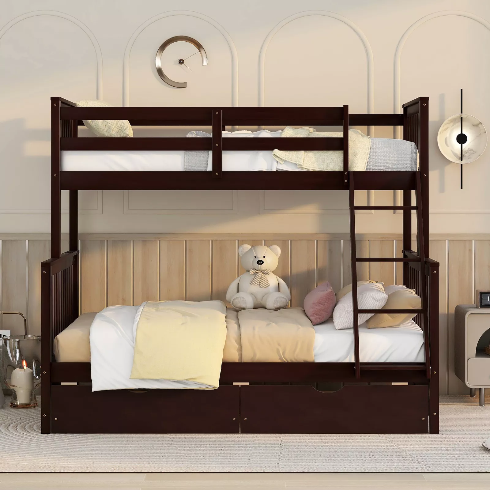Wood Twin Over Full Bunk Bed Storage Drawers Bed F